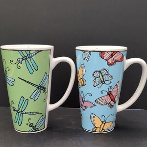 Bugz By Ursula Dodge Set If 2 Tall Ceramic Butterfly/ Dragonfly Mugs.